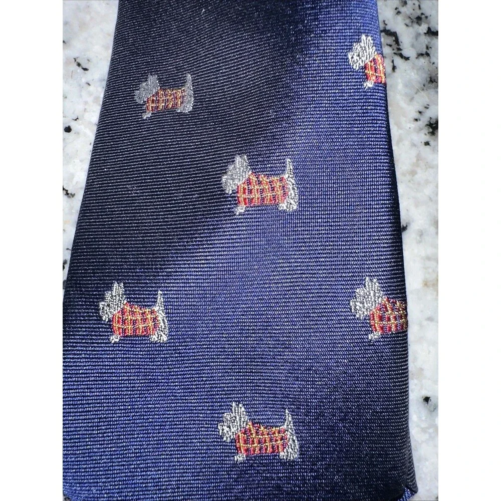 VTG Polo by Ralph Lauren Silk Tie  Scottie Dog In Sweater Navy Preppy Hand Made
